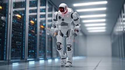 Futuristic robot walking in a data center holding a tablet technology concept