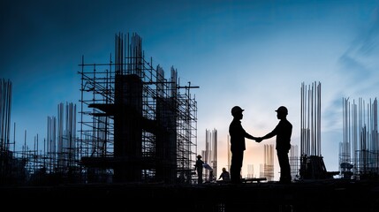 Construction workers in silhouette shaking hands on a construction site at sunset