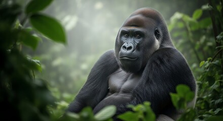 Obraz premium Majestic silverback gorilla resting in a lush, misty rainforest habitat, showcasing its powerful physique and serene demeanor amidst tropical foliage