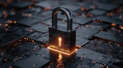 Metallic padlock on electronic circuit board data security and protection concept