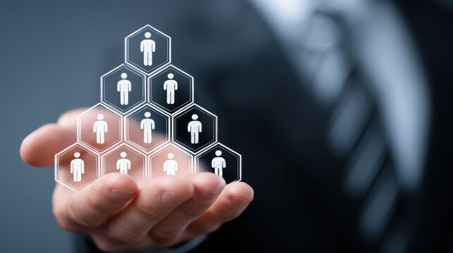 HR requirement . Abstract 3d human hand hold leader icon in hexagon on top of people pyramid. Manage human resources, team leader, recruitment process, change personnel, career growth, leadership