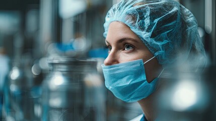 Medical professional wearing protective face mask and cap with blurry background