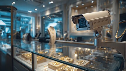 Security camera in a jewelry store with jewelry displayed surveillance system concept