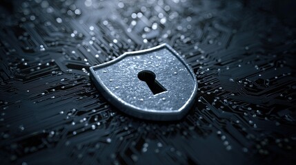 Metallic shield with keyhole on circuit board background concept of data security