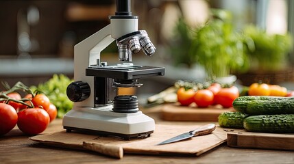 Microscope on wooden surface near fresh vegetables with blurred background