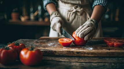 Chef preparing fresh tomato slices on a wooden cutting board for culinary use