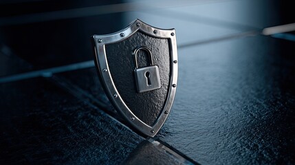 Metallic shield with padlock symbolizing security and protection concept