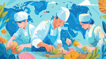 Chefs preparing food illustration with world map background artistic design
