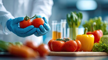 Scientist in gloves holding tomatoes with other vegetables concept for food research