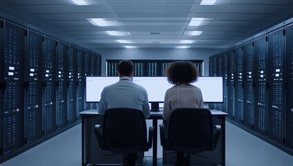 IT specialists working on computers, monitoring server racks in a data center, ensuring network security and reliable data storage