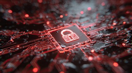 Digital security concept with glowing lock symbol on circuit board