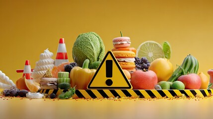 Conceptual arrangement of fruits vegetables sweets with caution sign on yellow background