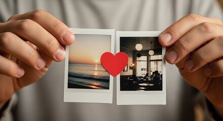 Obraz premium Hands holding two instant photos a peaceful ocean sunset and a cozy cafe, with a red heart symbolizing cherished memories, love, and diverse life experiences shared
