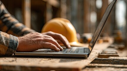 Close up of hands typing on a laptop computer with construction materials