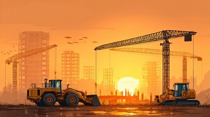 Construction site with cranes and heavy machinery under an orange sunset sky