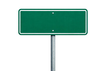 Green road sign with metal pole, isolated on white background. Blank, empty traffic sign, suitable for signage design, transportation, or road infrastructure concepts.