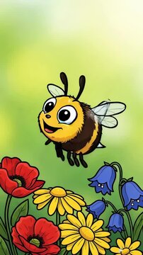 Cute cartoon bee flying over a colorful flower garden with droplets. Illustration for kids nature learning and playful spring themes. Vertical video