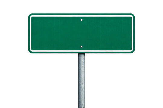 Green road sign with metal pole, isolated on white background. Blank, empty traffic sign, suitable for signage design, transportation, or road infrastructure concepts.