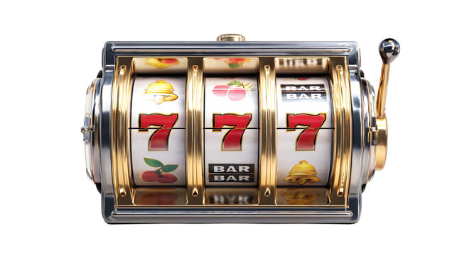 Stock image of jackpot streak 777 on slot machine isolated on a white background, concept of winning big in a casino