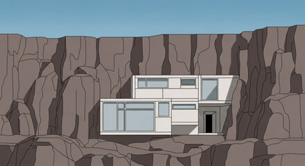Modern cliffside house with large windows on rocky mountain landscape