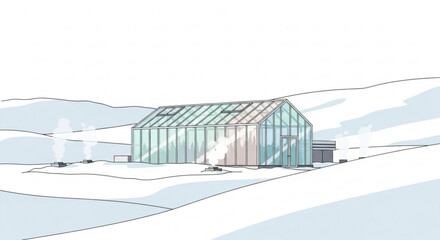 Snowy greenhouse structure with transparent walls and roof in winter landscape with rolling hills