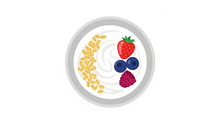 Bowl of yogurt with granola strawberries blueberries and raspberries on a white background