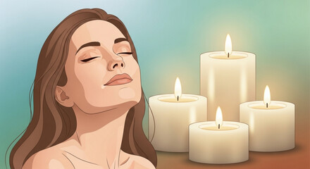 Woman relaxing with closed eyes surrounded by lit white candles serene spa ambiance with soft lighting and calming atmosphere for meditation