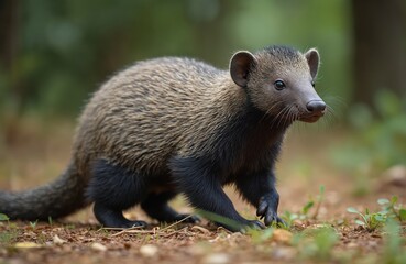 Fototapeta premium Small forest creature walks on forest floor. Animal grey fur, dark legs. Wildlife mammal in natural habitat, shallow depth of field. Cute bushy tailed animal moves through leaves. Focus on furry