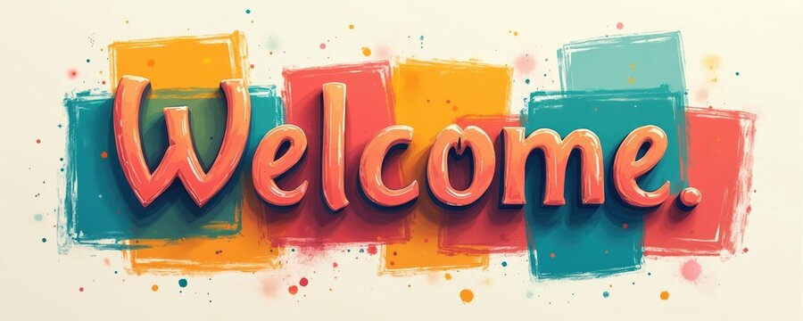 Colorful welcome message on abstract painted rectangles background. Bright greeting for new employees or customers. Ready for print, web, and design.