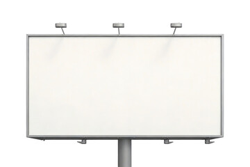 Obraz premium Blank white outdoor advertising billboard with metal frame and spotlights. Ideal for mockup, template, or showcasing design concepts in commercial spaces.