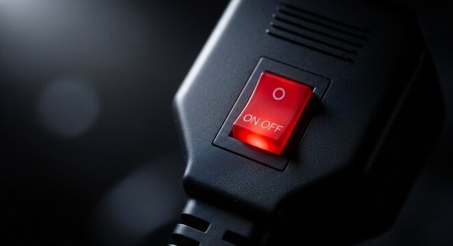 Bright red ON OFF electrical switch illuminated on a black device, signifying power activation and control in a dark, technological setting.