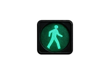 Green pedestrian traffic signal showing a walking figure, indicating it is safe for pedestrians to cross the road. It is a standard traffic control device for pedestrian safety.