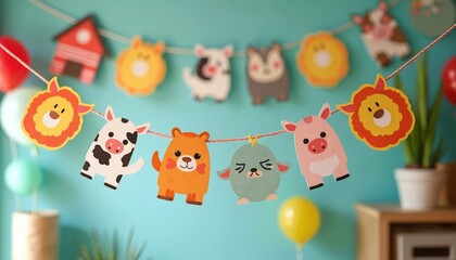 Obraz premium Bright farm animal cutouts hang on festive string creating cheerful party decor. Decorations include barn house, cow, pig, bear, lion, sheep. Perfect for kids birthday themes.
