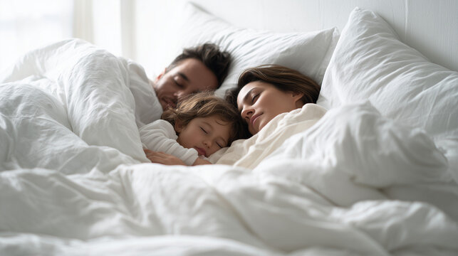 A heartwarming lifestyle portrait of a young family with a small child sleeping peacefully together in a large, comfortable bed with soft white linens in a bright bedroom.