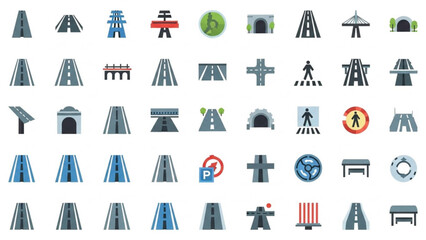 Fototapeta premium A comprehensive set of flat design vector icons depicting various road types, transportation infrastructure, and traffic signs.