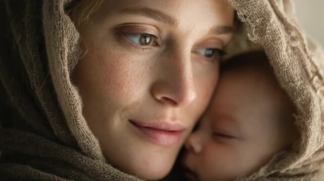 Sacred Bond: A tender moment of motherhood is captured as a mother cradles her newborn, creating an atmosphere of comfort and protection.