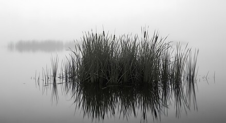 Fototapeta premium Black and White Reed Plants in Calm Water.
