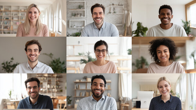 A professional grid-style video conference layout featuring nine diverse, smiling men and women in various home office settings, representing a modern remote team meeting.