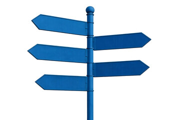 A blue directional signpost with multiple arrows, designed for outdoor wayfinding and navigation. Isolated on a white background, ideal for transportation and signage concepts.