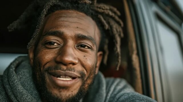 Happy Traveler: A portrait of a man with dreadlocks, beaming with a wide smile, as he looks out of a vehicle window, radiating positivity and joy of travel.