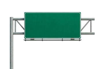 Green blank road sign mounted on a metal pole, isolated on white background. Represents empty transportation signage ready for customization.