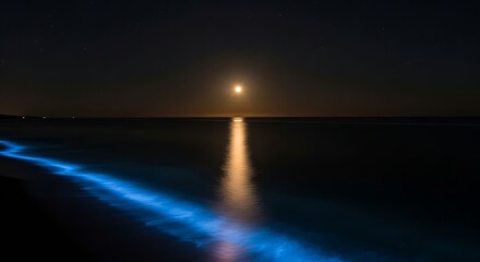 Night ocean landscape with glowing blue waves and full moon reflection