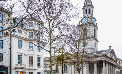 St Martin in the Fields church and historic architecture on a cloudy winter day in Central London, England