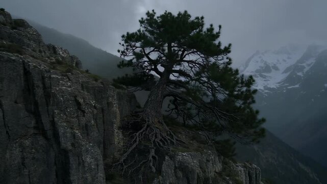 Cinematic shot of a lone pine tree growing out of a solid rock cliff, heavy wind blowing, vast mountain range in the background, resilience vibe.