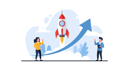 Fototapeta premium Two individuals launching a rocket upwards with a large blue arrow indicating success and progress in a futuristic illustration