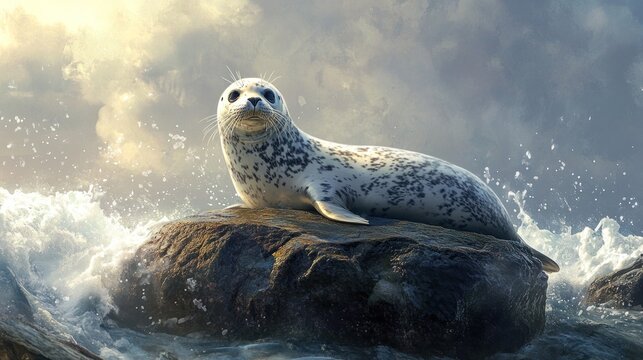A harbor seal pup rests on a rock amidst ocean waves.