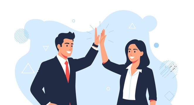 Two professionals in business attire sharing a high-five gesture in a modern office environment from a frontal viewpoint