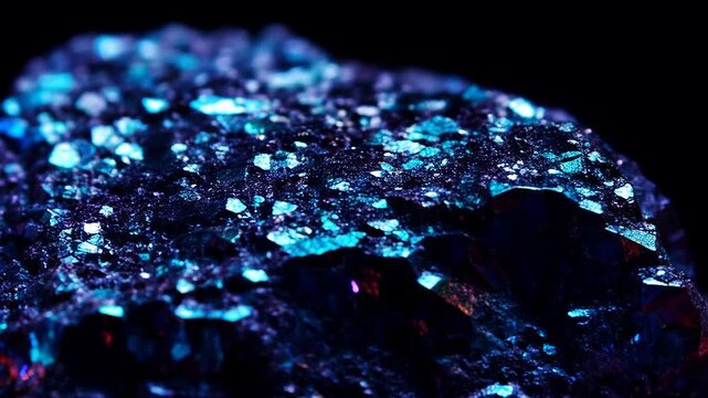 Macro shot of a peacock ore (bornite) mineral, iridescent metallic colors shifting from purple to blue under moving light, mesmerizing