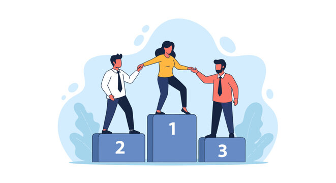 Three people standing on podiums, celebrating achievement and teamwork, viewed from the front in a simple graphic illustration
