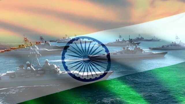 Indian military illustration. Indian Army with waving flag of India. Indian military battle ship.